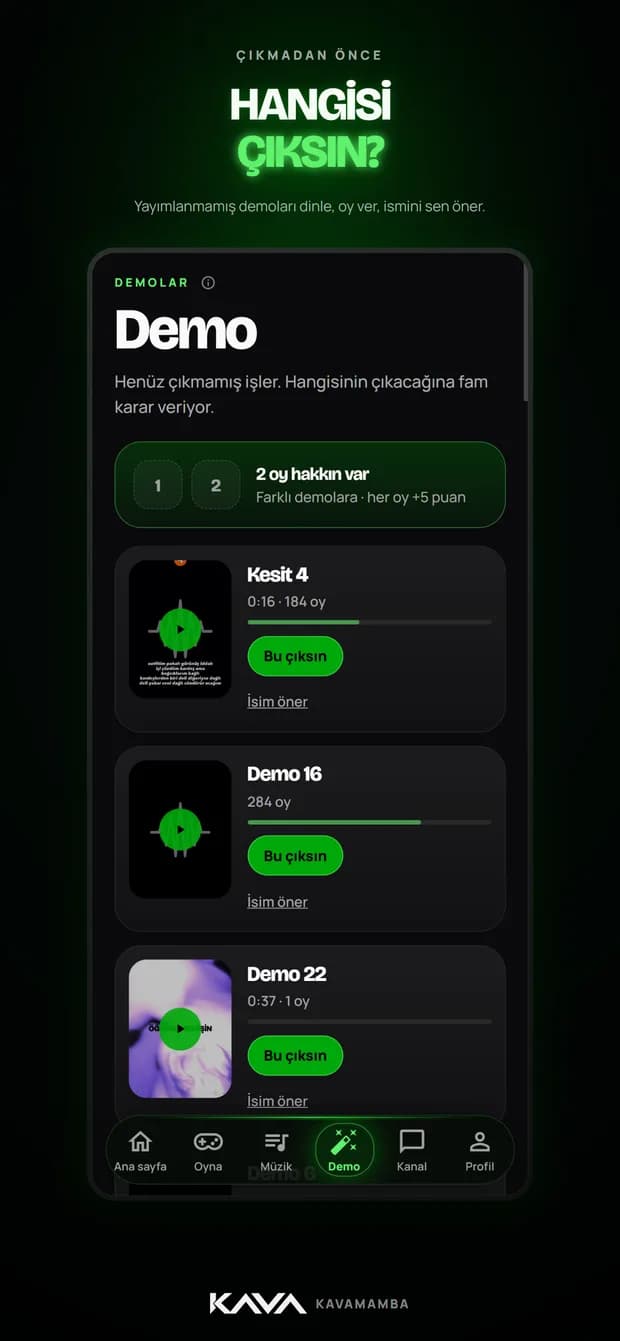 Demo: yayımlanmamış demolar ve oylama